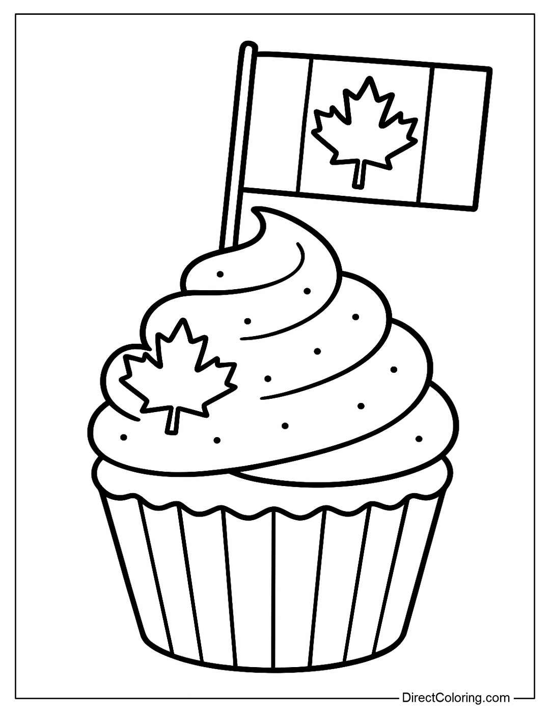 A cute cupcake coloring page with Canadian flag icing and small maple leaves.